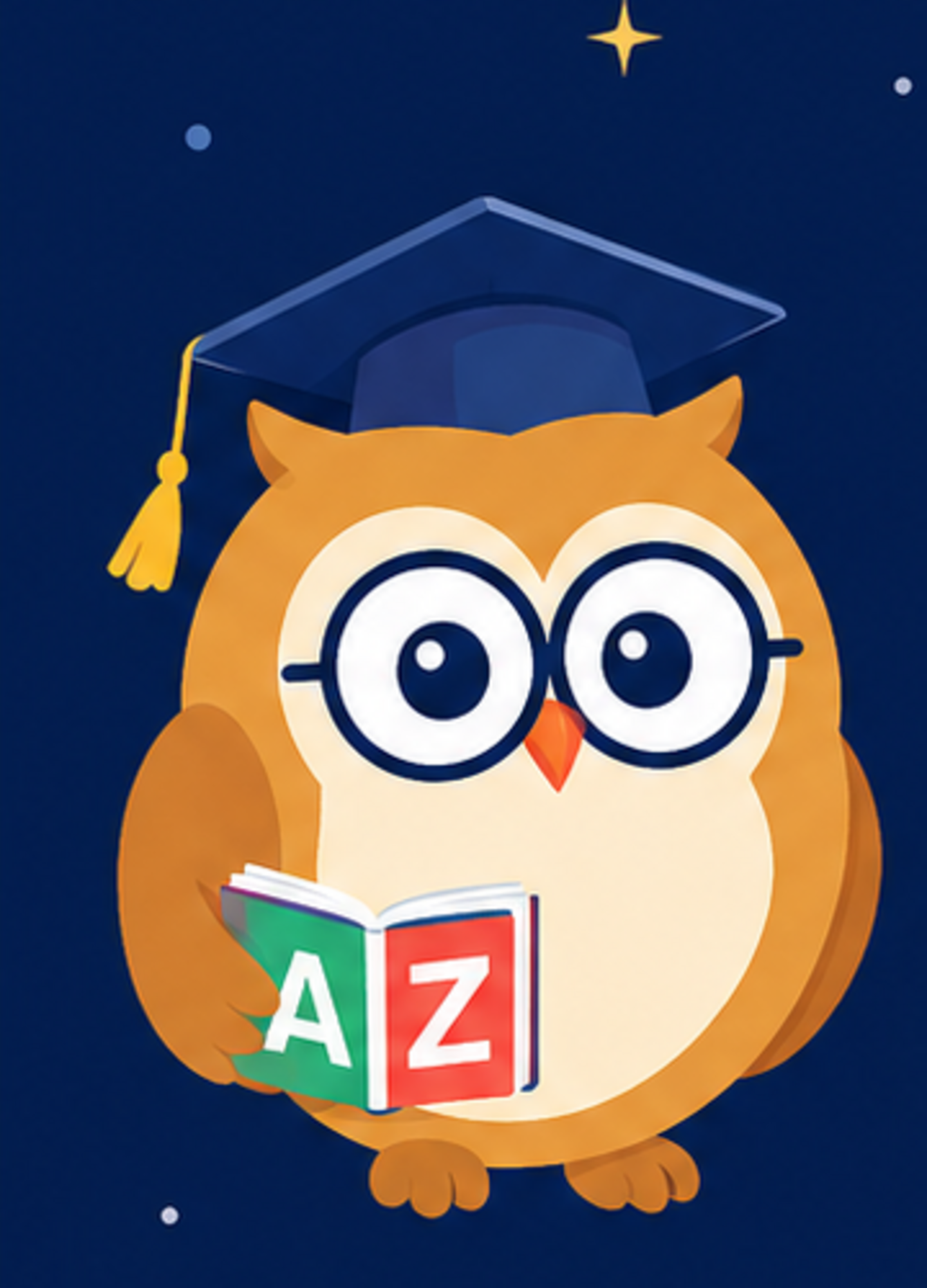 Сова в очках и академической шапочке держит книгу A–Z